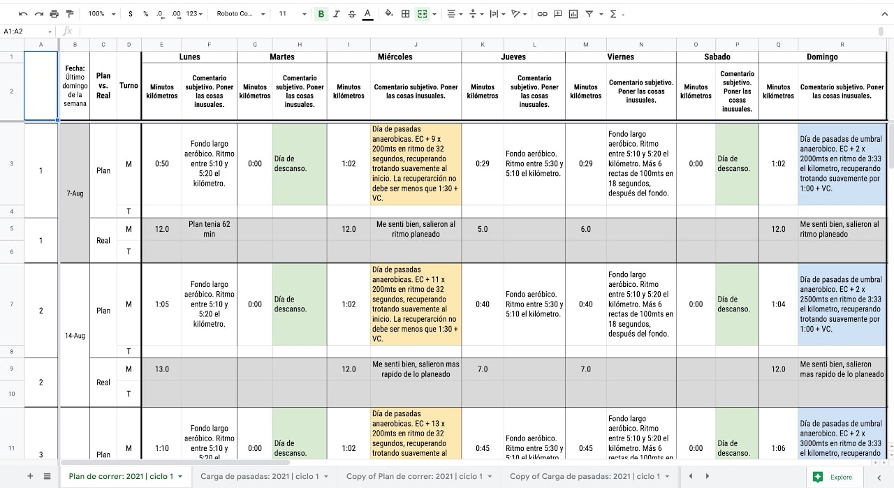 Planilla para correr